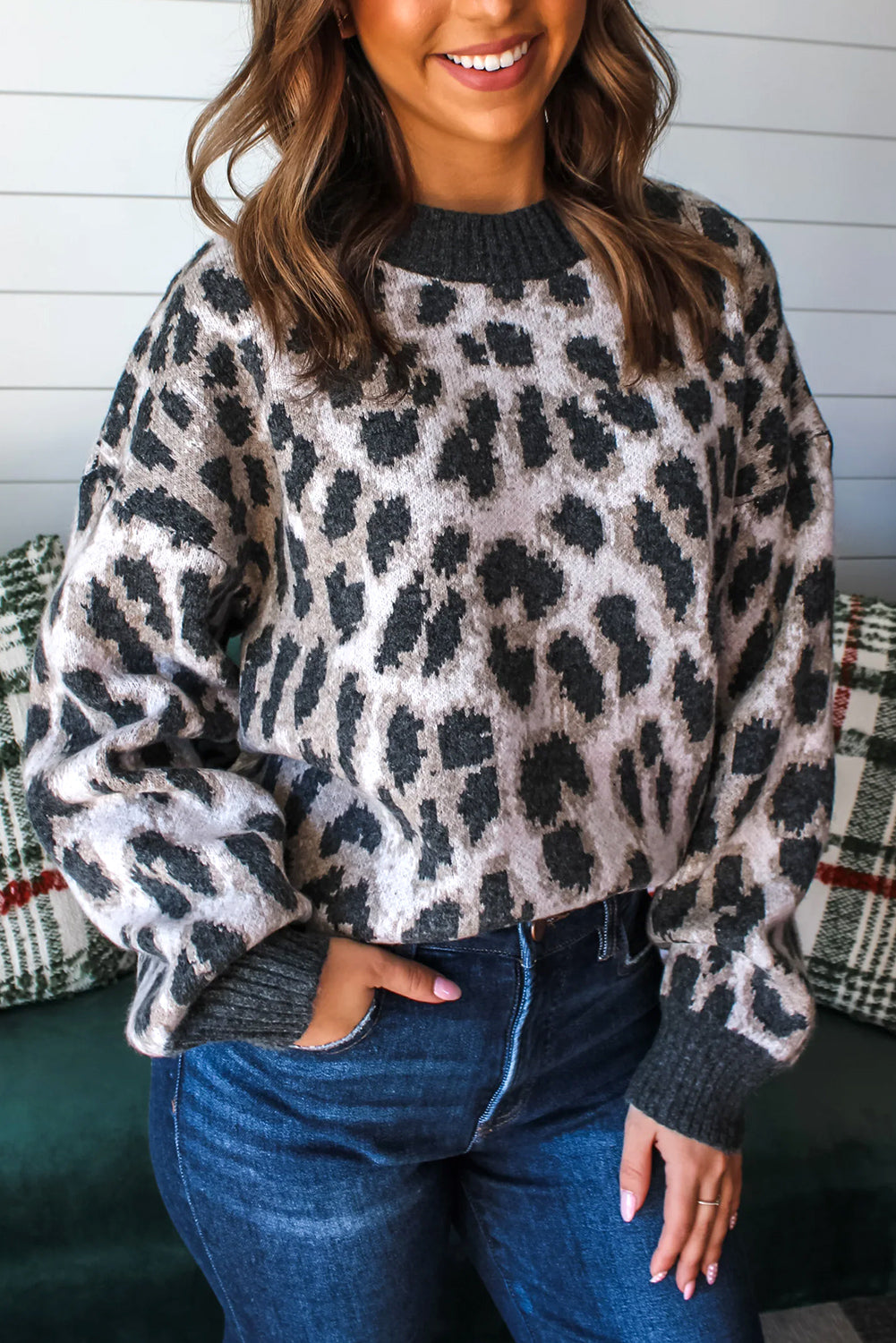 Carbon Grey Leopard Pattern Contrast Trim Round Neck Sweater