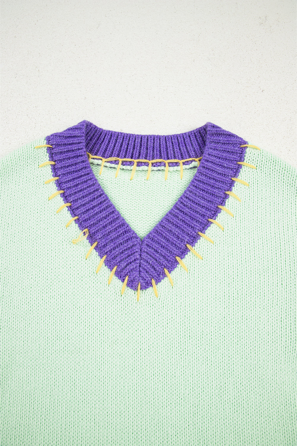 Green Stitched V Neck Color Block Knitted Drop Shoulder Sweater