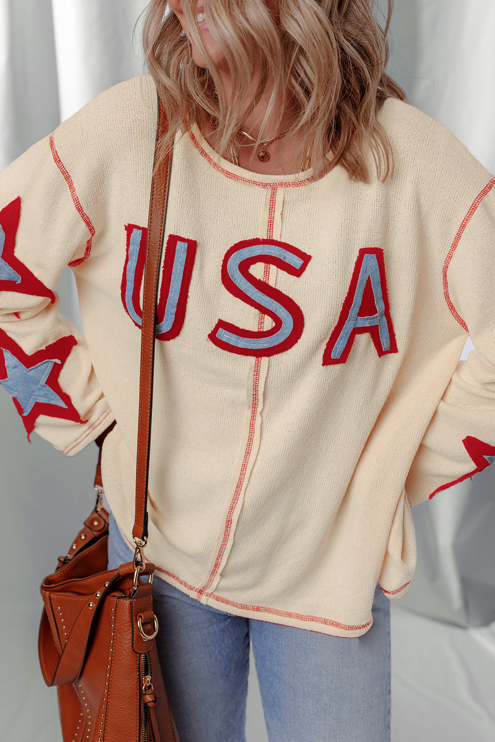 Beige USA Star Patchwork Exposed Seam Long Sleeve Top