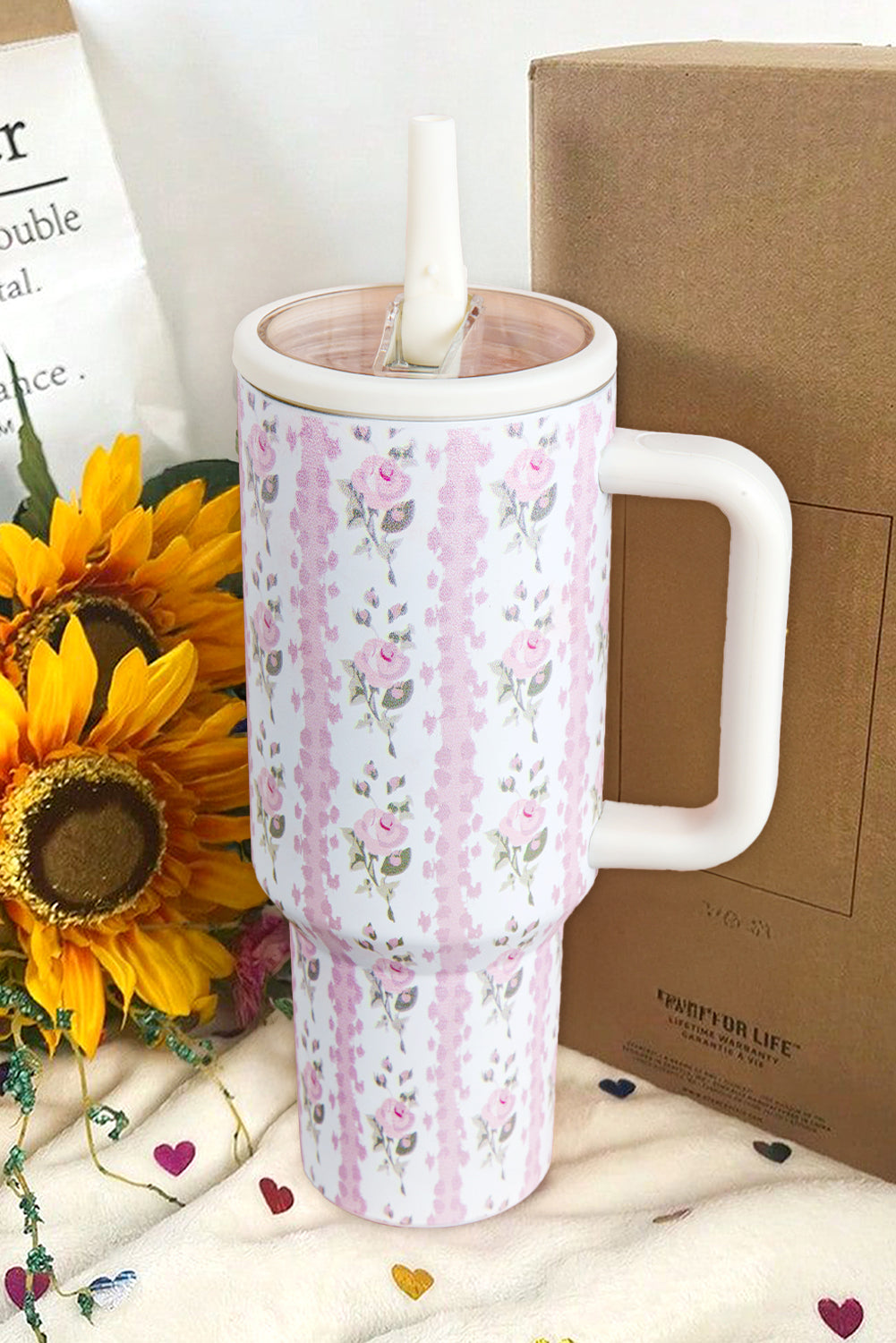 Light Pink Floral Print Stainless Steel Tumbler