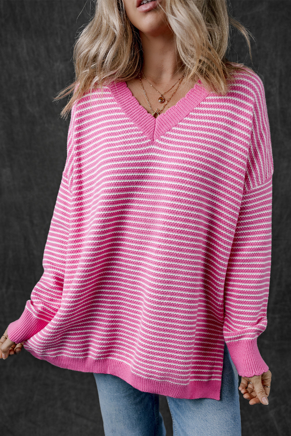 Alana Striped Scallop V Neck Loose Sweater-0
