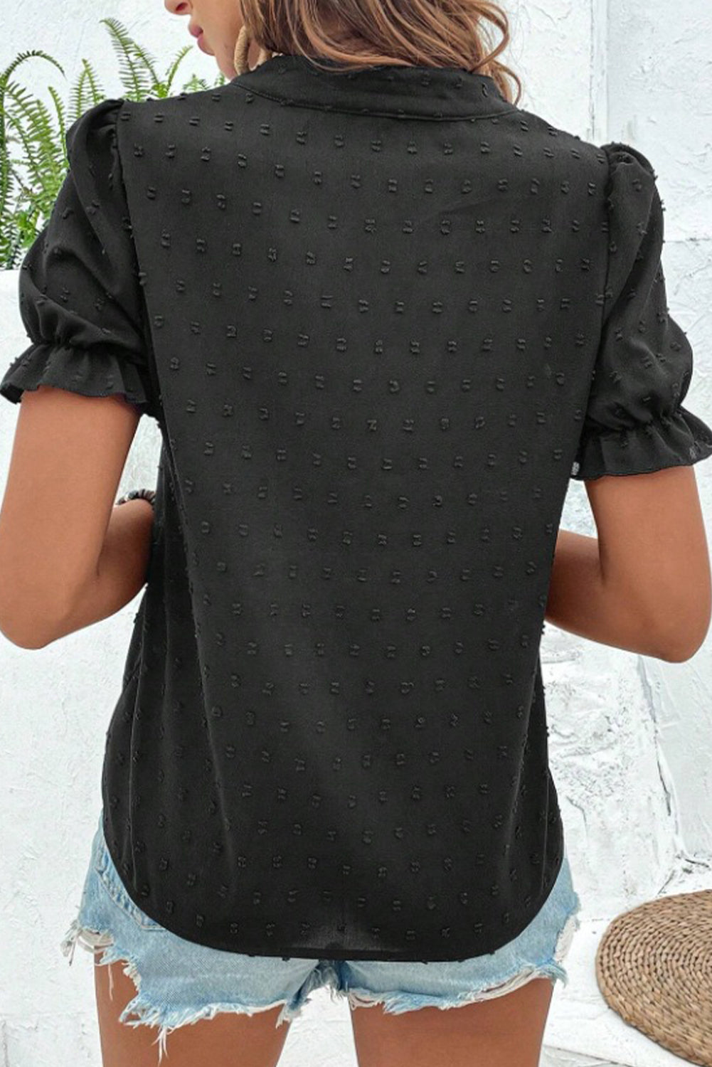 Black Embroidered Floral V Neck Bubble Sleeve Blouse