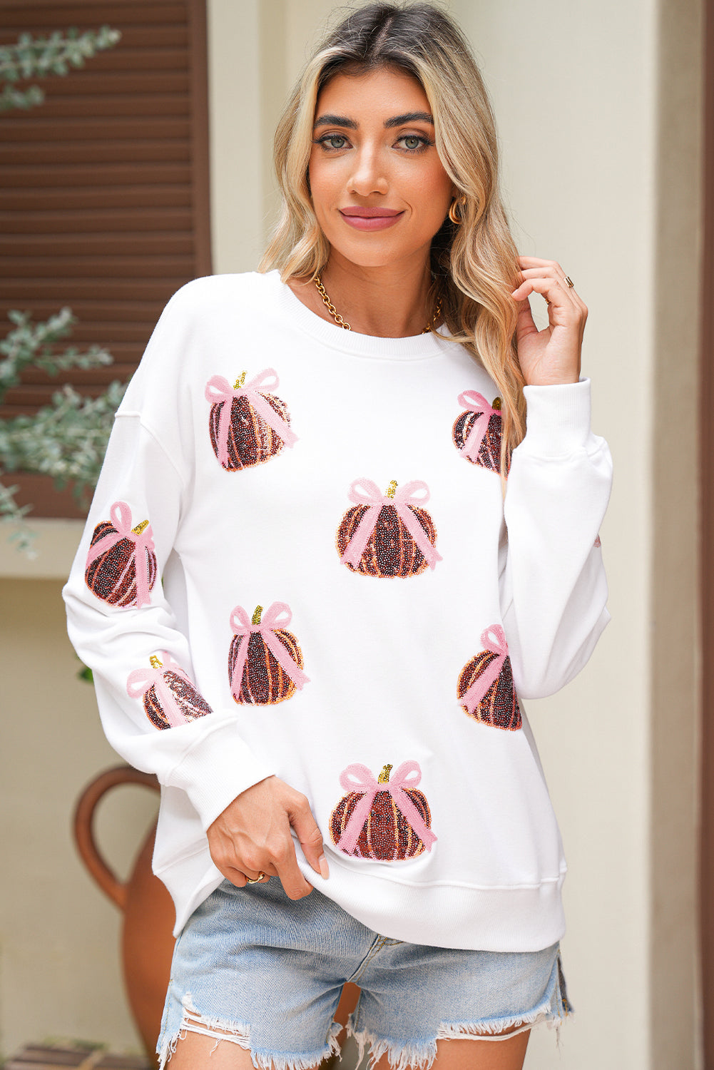 White Sequin Bow Pumpkin Patched Cotton Baggy Sweatshirt