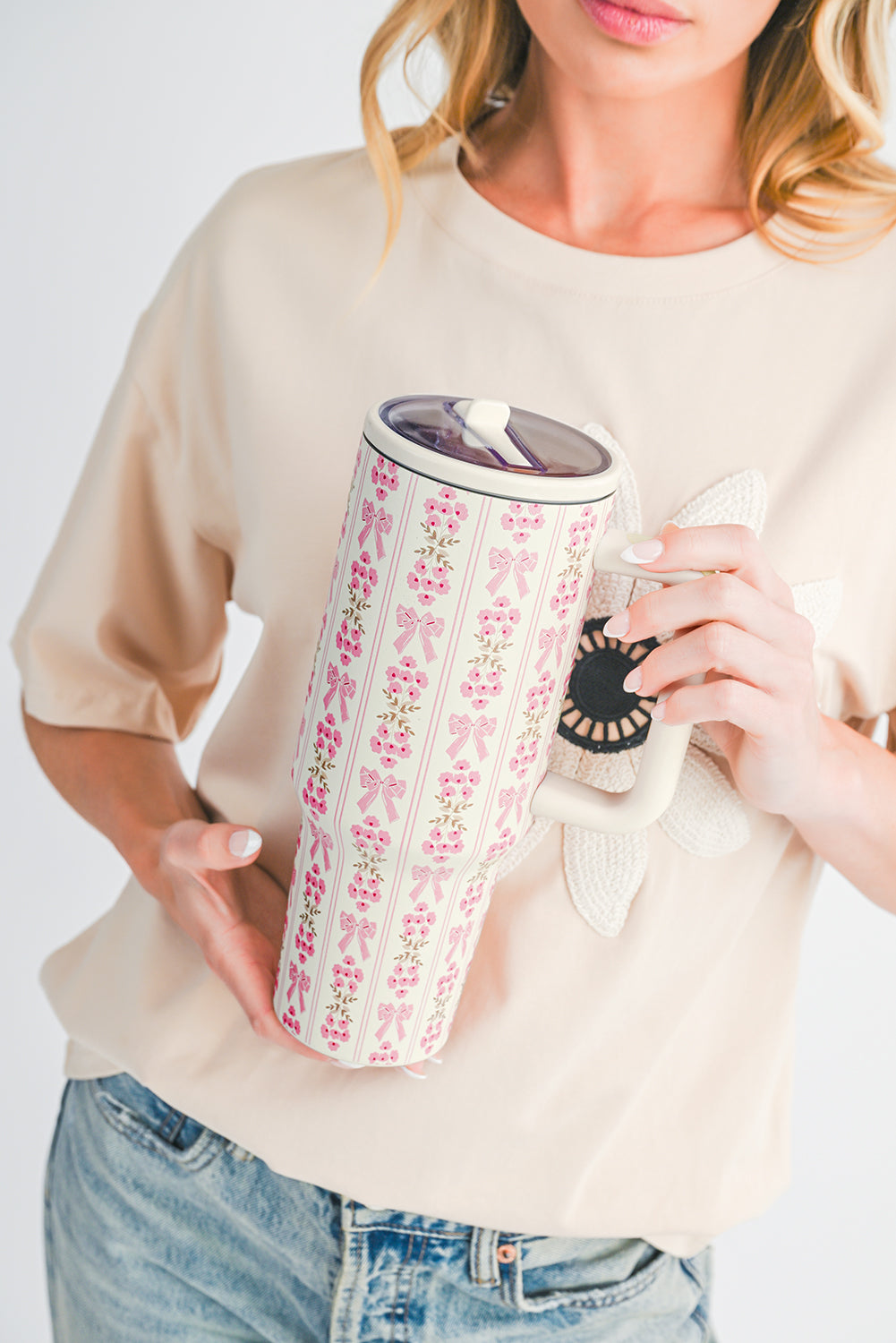 White Bow and Flower Striped 40oz Tumbler Cup