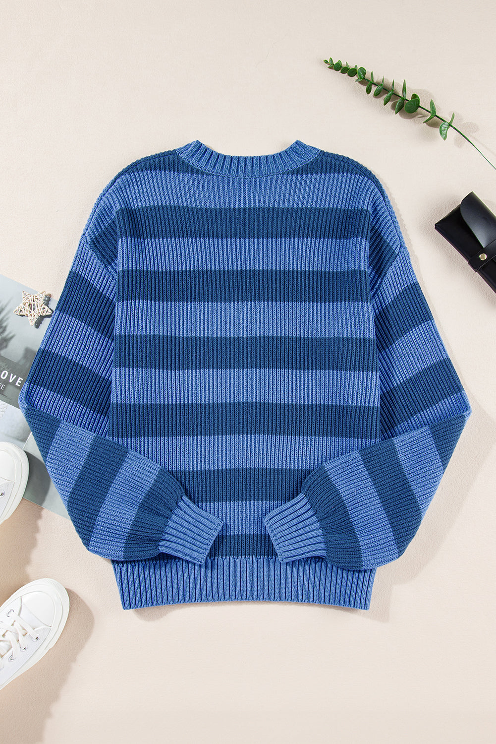 Blue Striped Drop Shoulder Casual Sweater