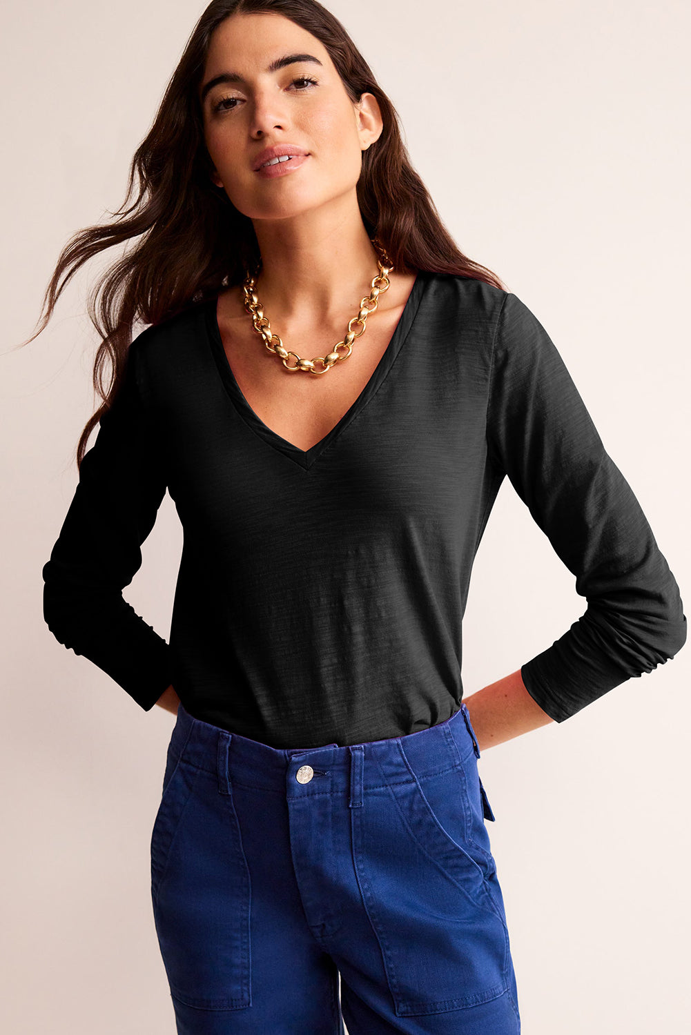 Black Plain V Neck Long Sleeve Top
