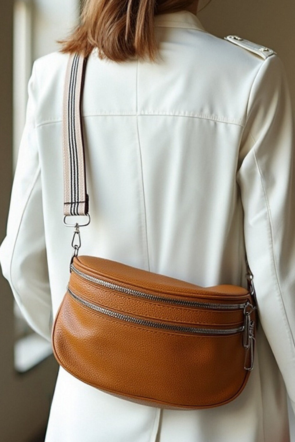 Chestnut PU Leather Zipper Crossbody Bag