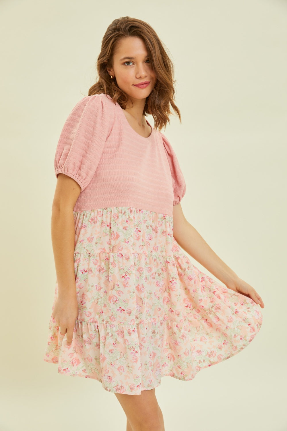 HEYSON Full Size Round Neck Floral Ruffle Hem Mini Dress-0