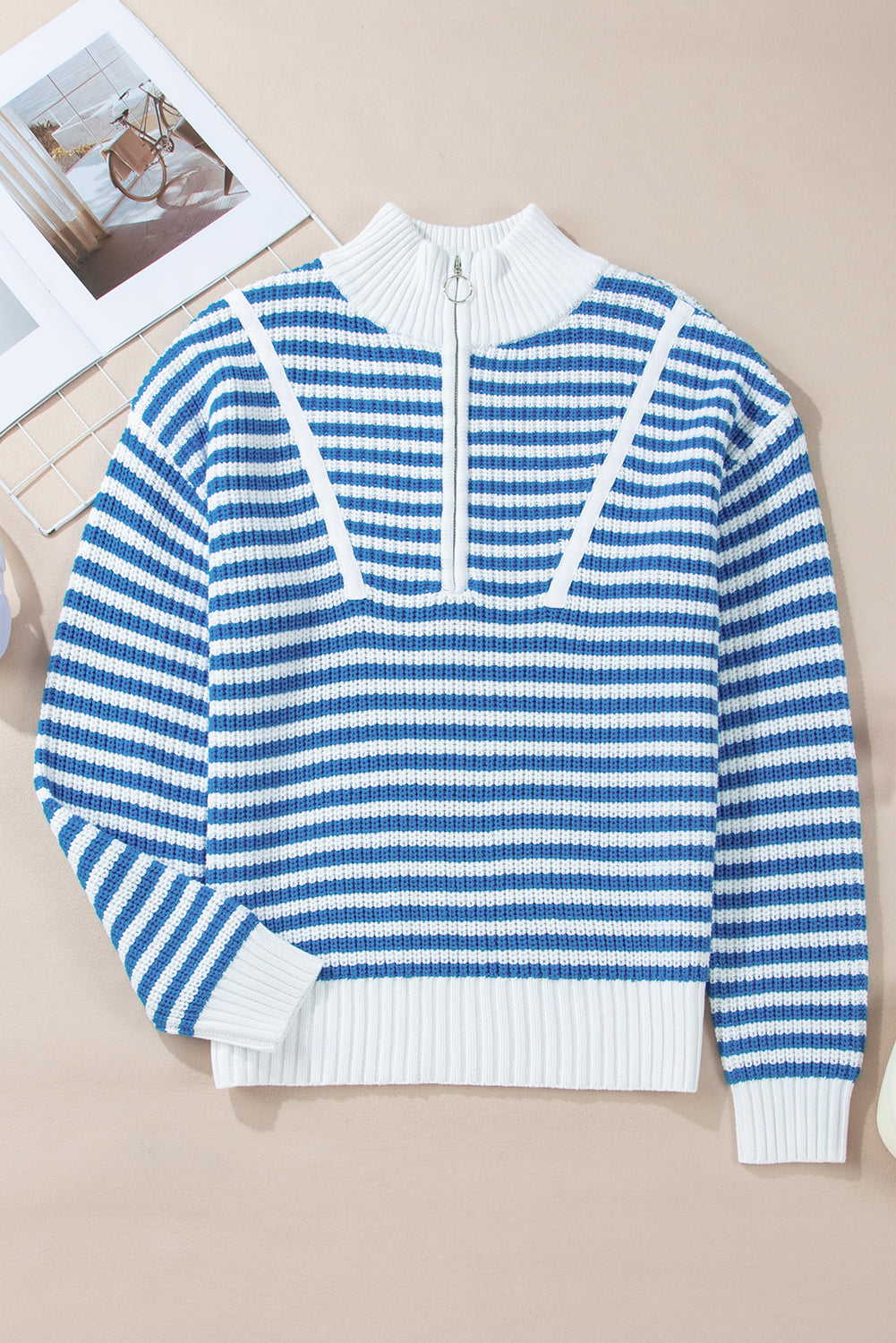 Sky Blue Stripe Zip up Collar Drop Sleeve Sweater