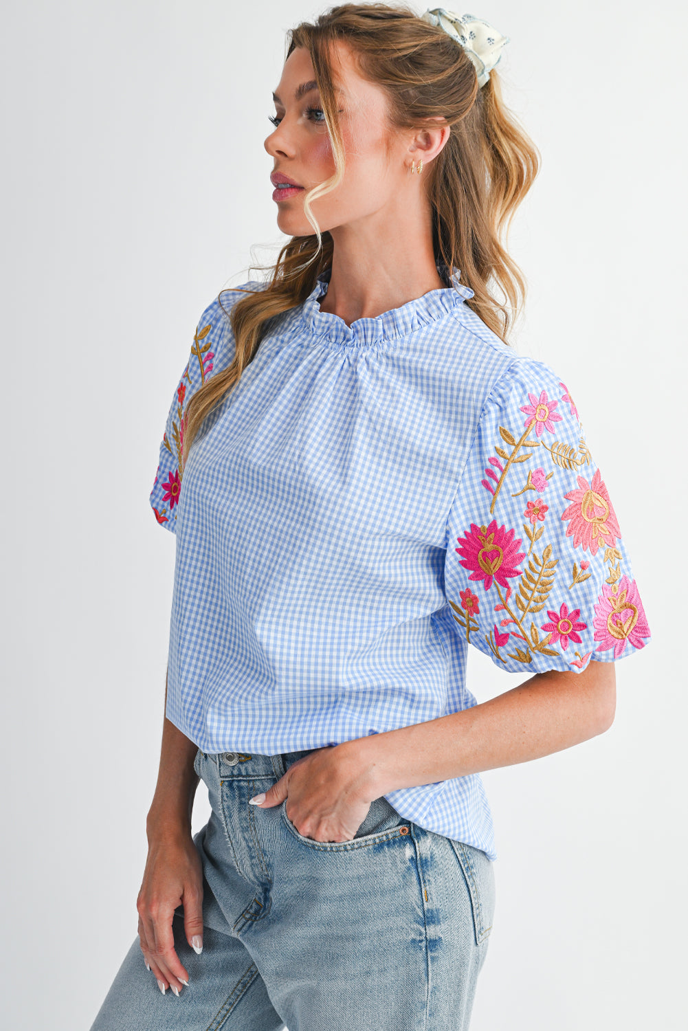 Light Blue Flower Embroidered Puff Sleeve Gingham Blouse