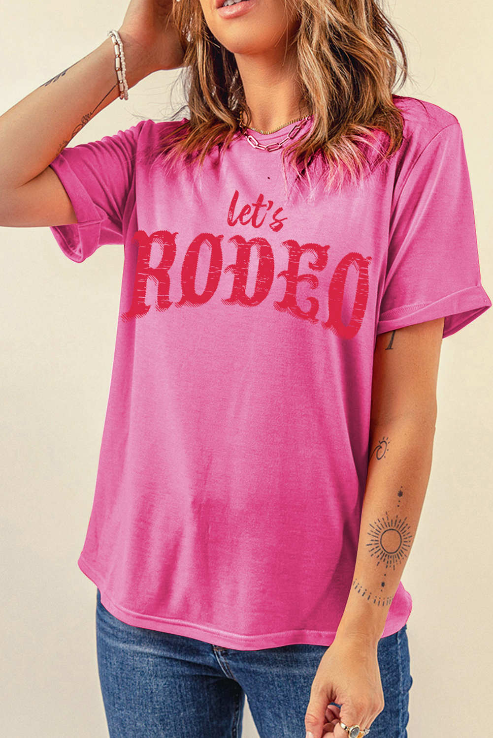 Rose Red Lets Rodeo Crew Neck Graphic Tee