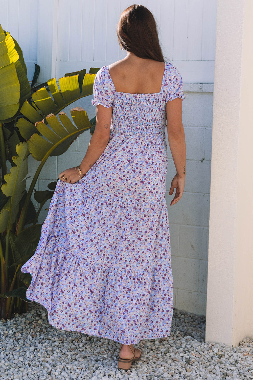Lacey Floral Short Bubble Sleeve Maxi Dress-1