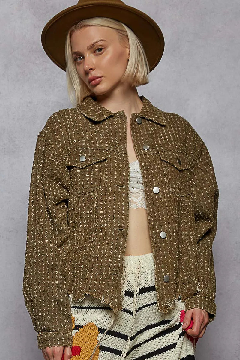 Raw Hem Button Up Jacket with Chest Pockets