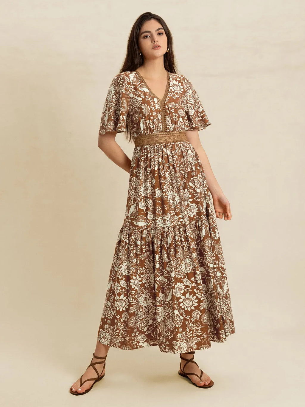 Lace Detail Printed Short Sleeve Midi Dress