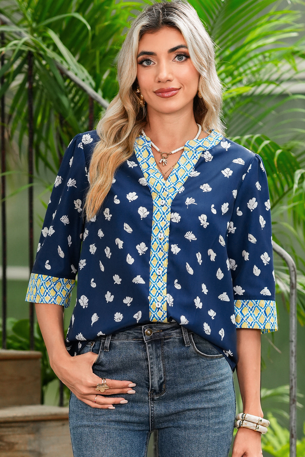 Blue Floral Print Pop of Color V Neck Patchwork Blouse