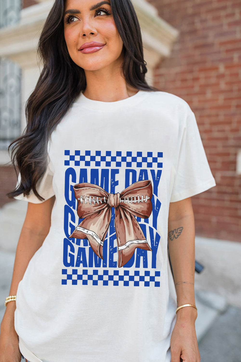 White Football Bow Game Day Crewneck T Shirt