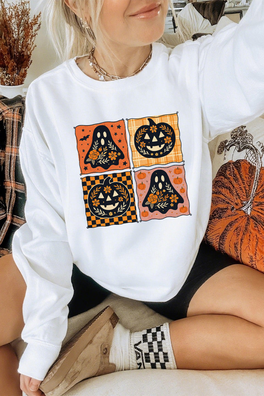 White Halloween Ghost Pumpkin Face Floral Checkered Graphic Sweatshirt