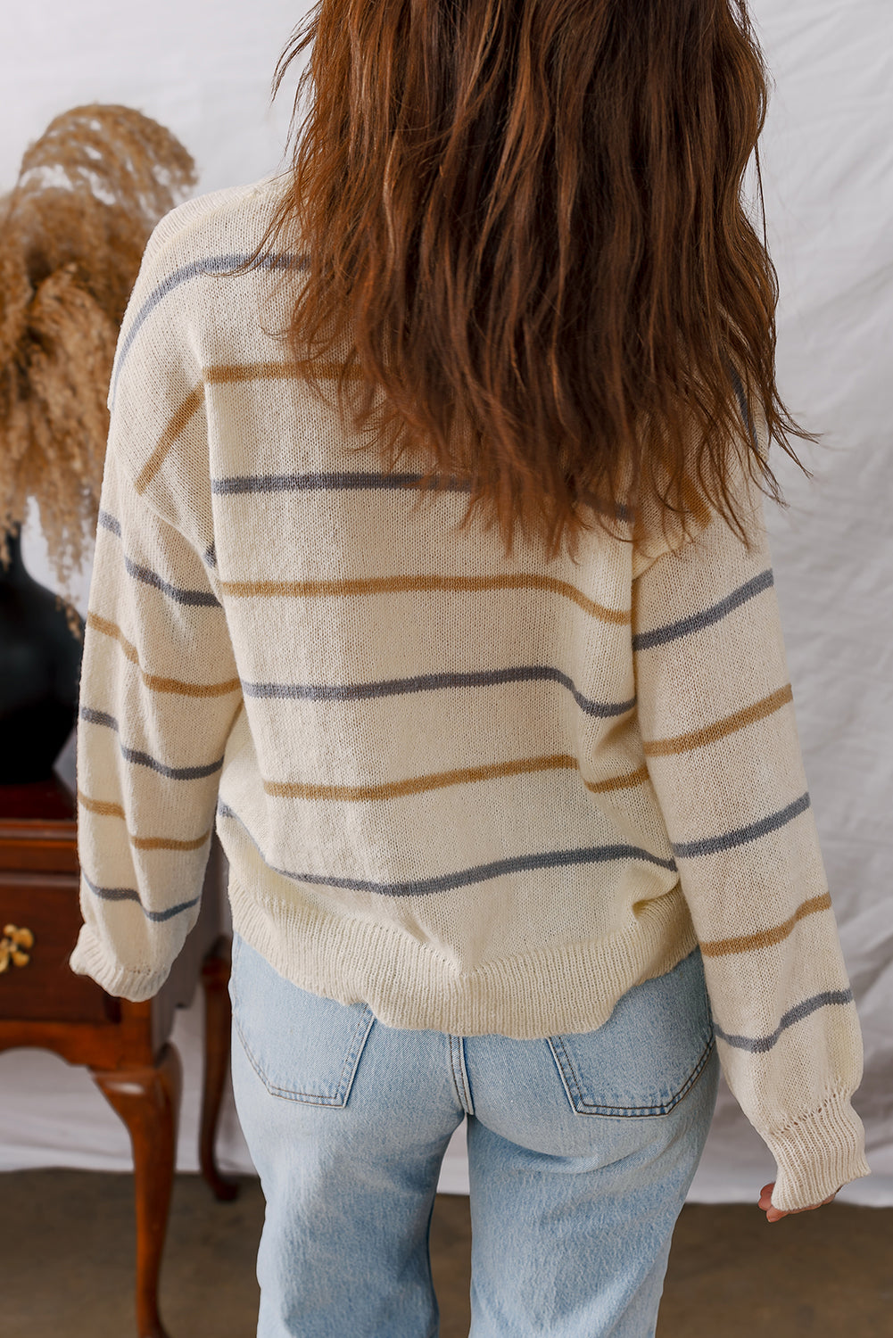 Multicolour Striped Ribbed Edge Drop Shoulder Sweater