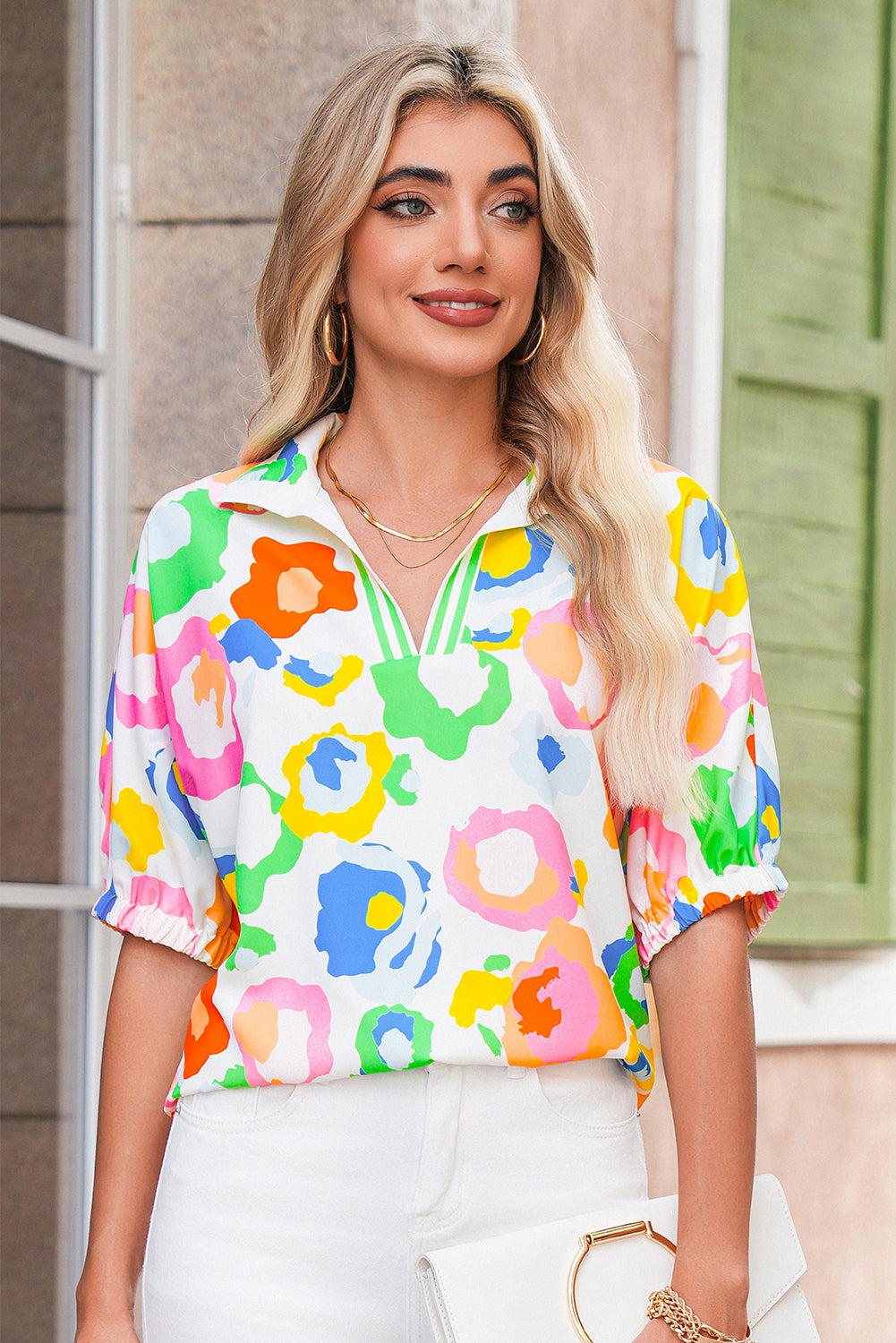 Green Abstract Leopard Short Sleeve Pop of Color Neckline Blouse