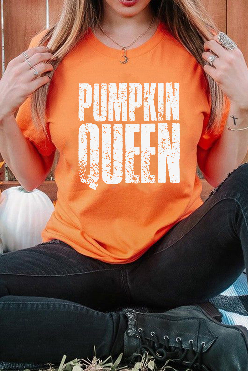 Orange PUMPKIN QUEEN Graphic Crew Neck Tee