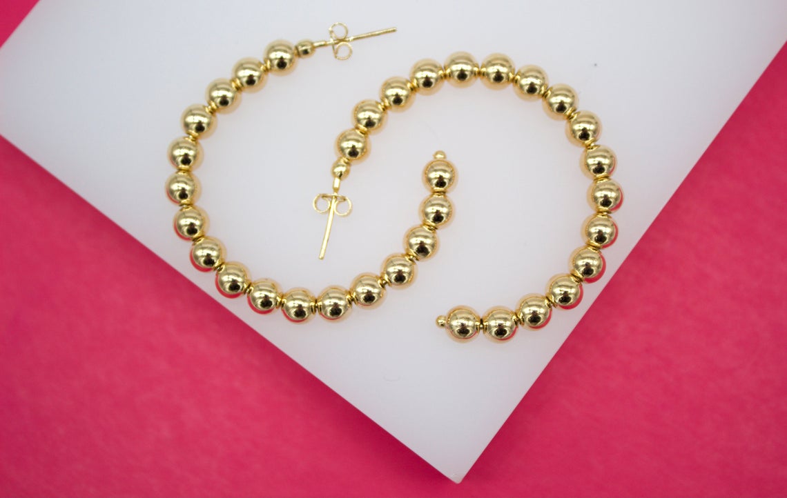 18K Gold Filled Round Golden Beaded Open Hoop Stud Earrings (K51)-0