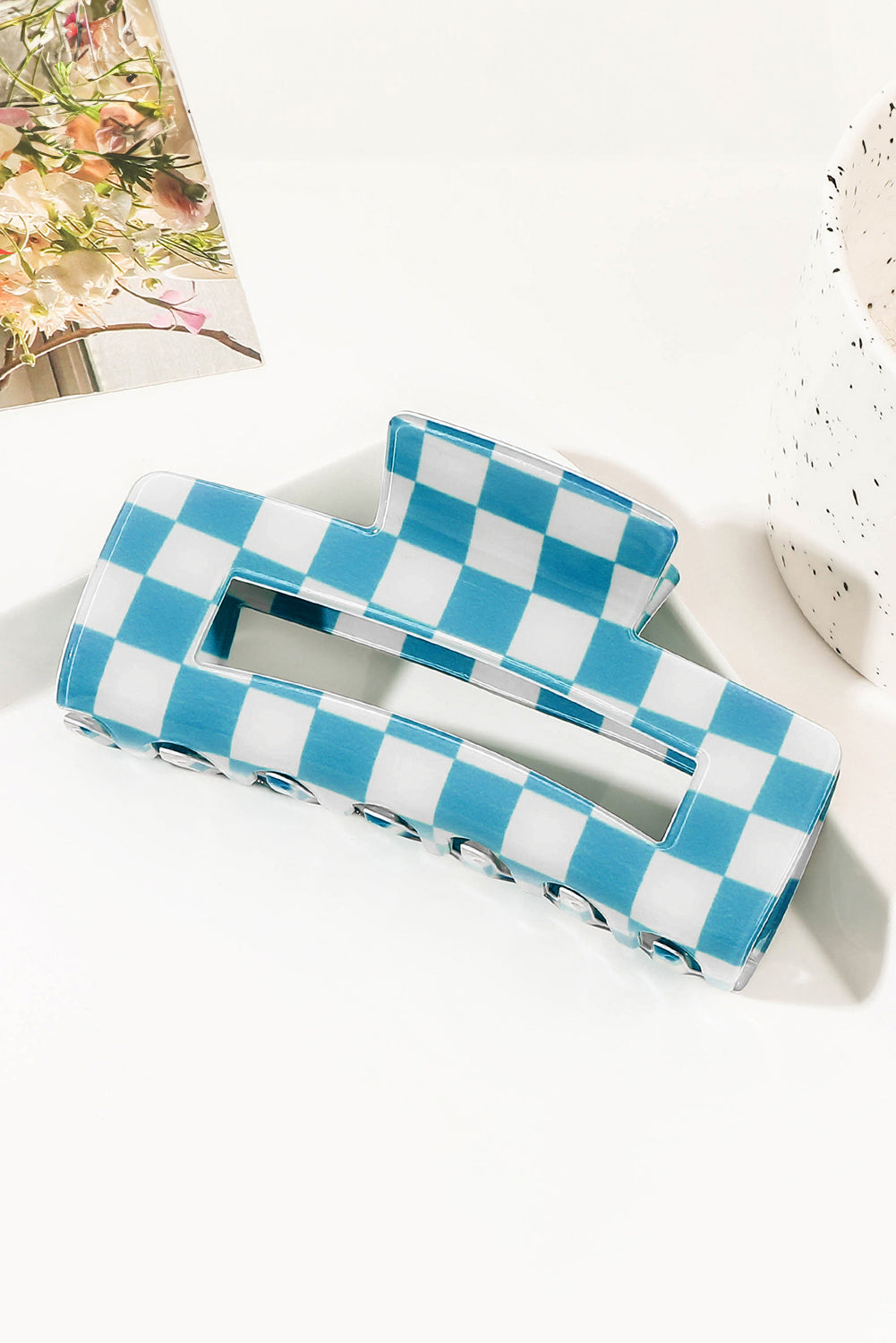 Sky Blue Checkered Print Hollow Out Hair Clip