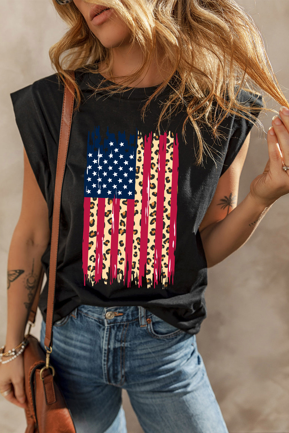 Black Leopard USA Flag Printed Sleeveless Cotton Top