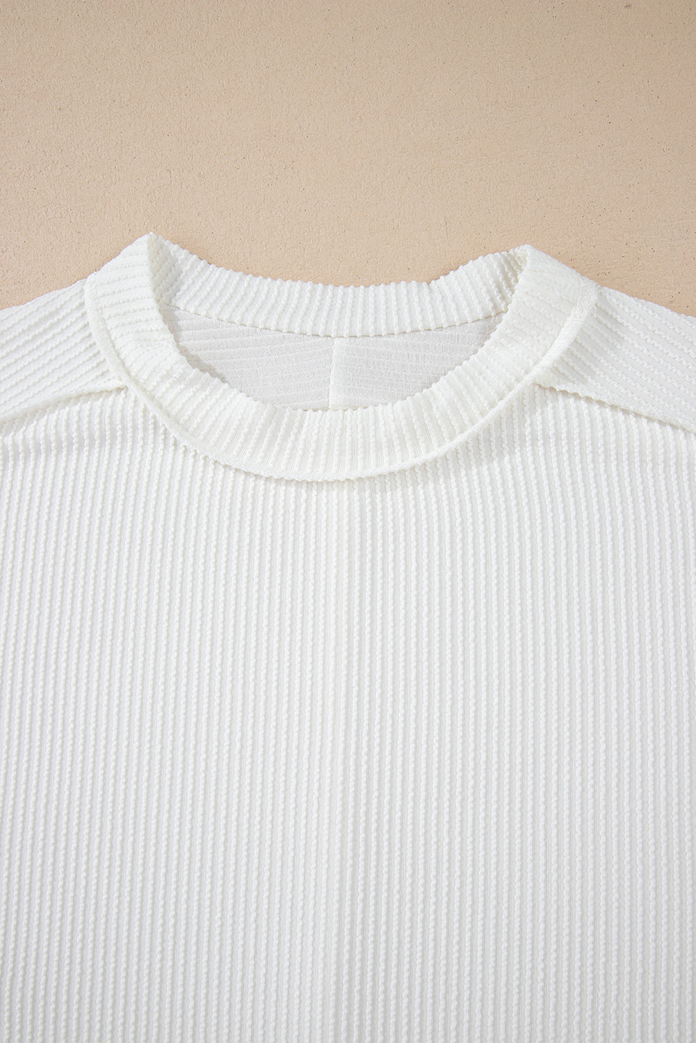 White Crinkle Rib Textured Knit Round Neck T Shirt