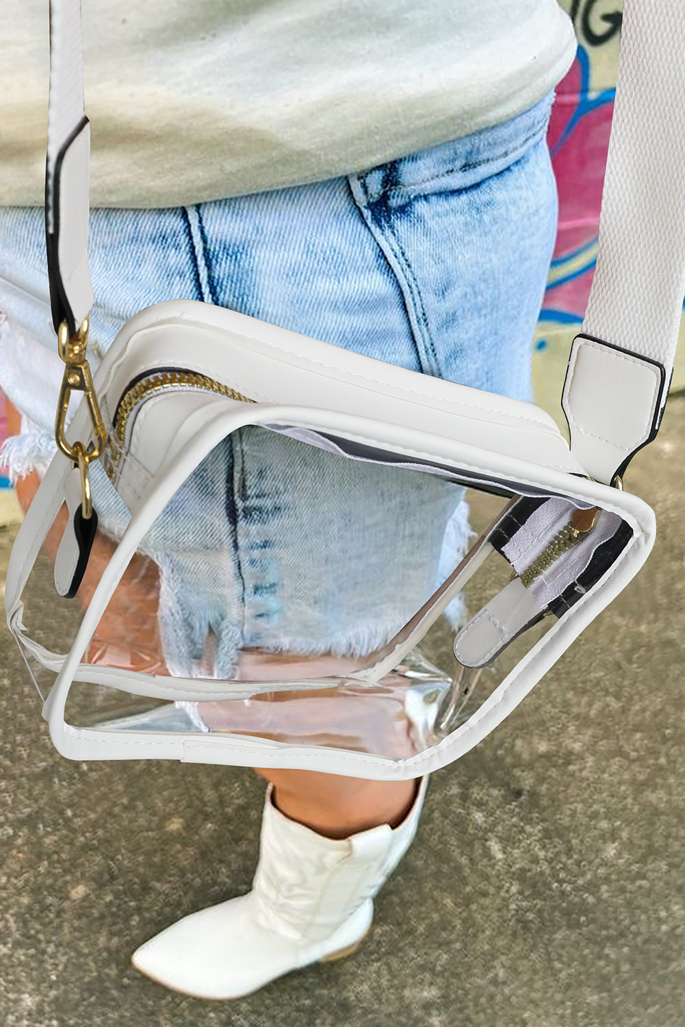 White PU Leather Strap Clear PVC Crossbody Bag