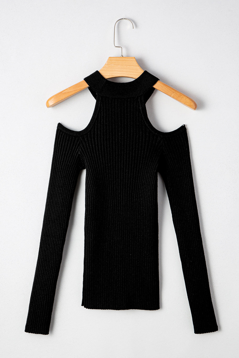 Black Ribbed Knit Cold Shoulder Choker Neck Sweater