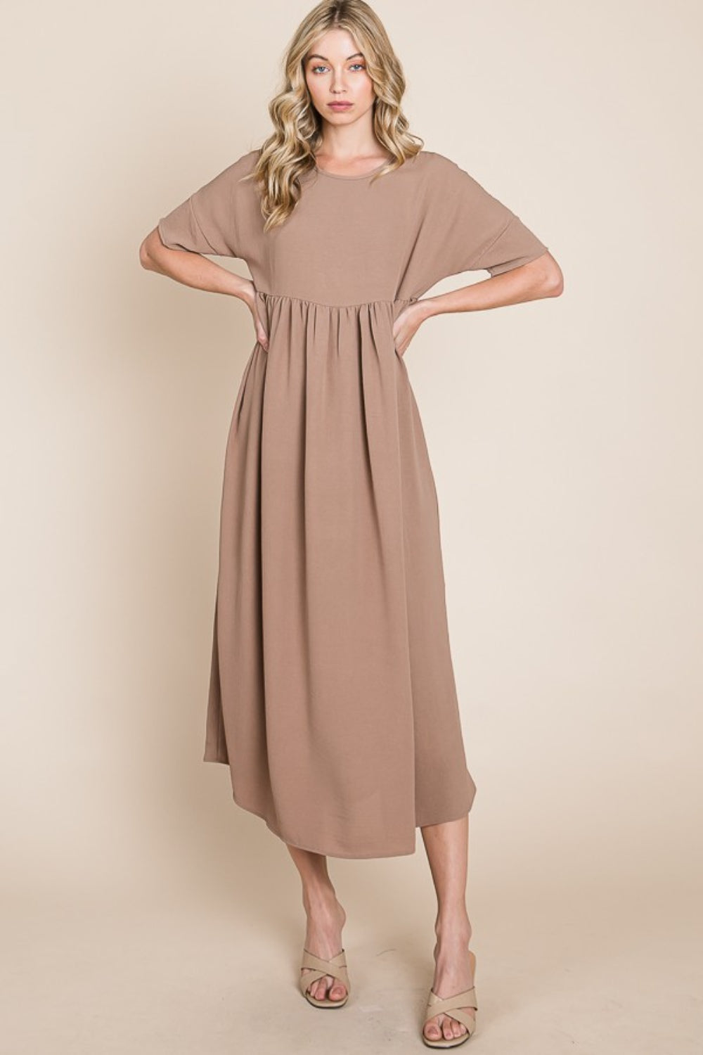 BOMBOM Round Neck Ruched Midi Dress-0
