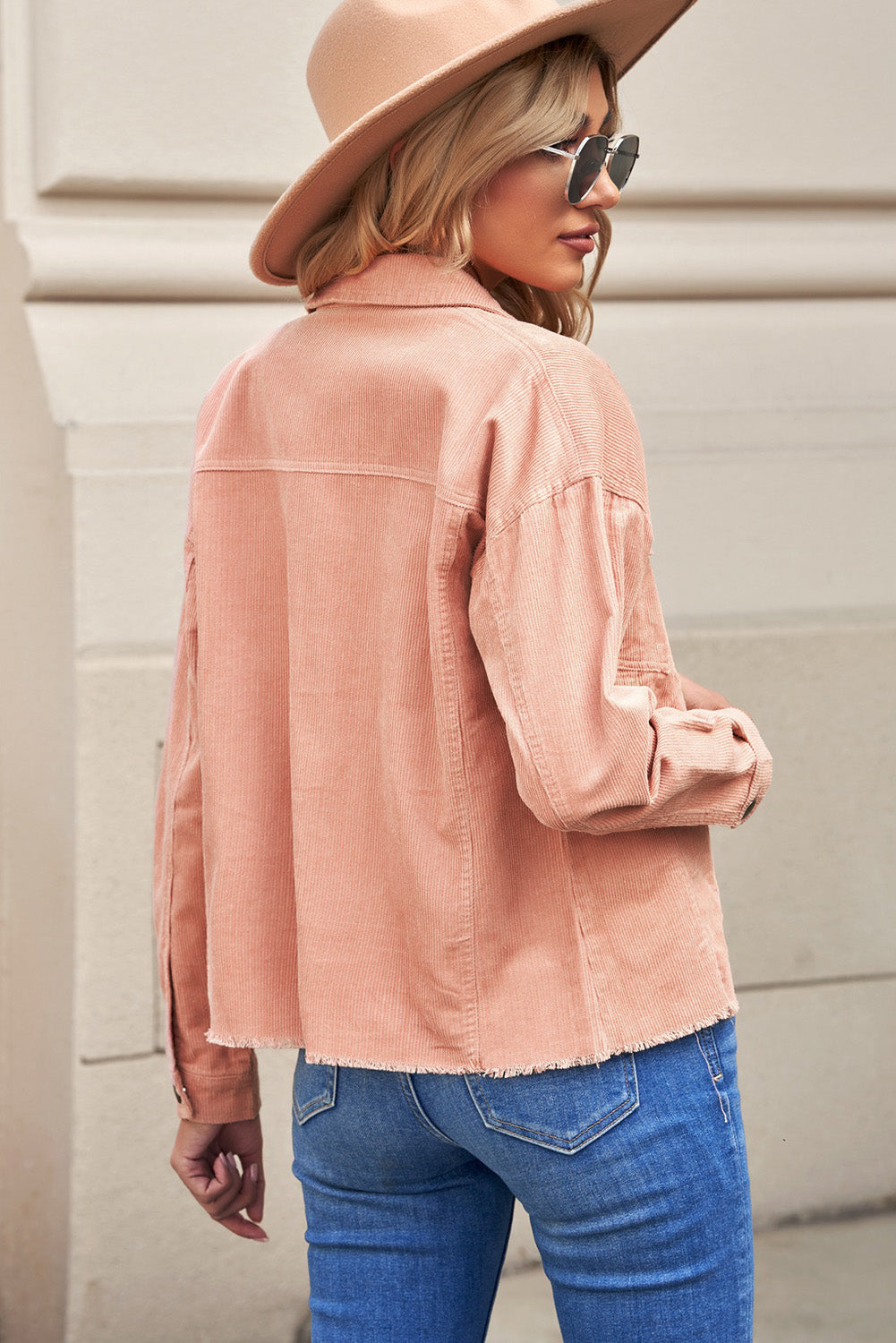 Pink Corduroy Pocket Buttoned Jacket