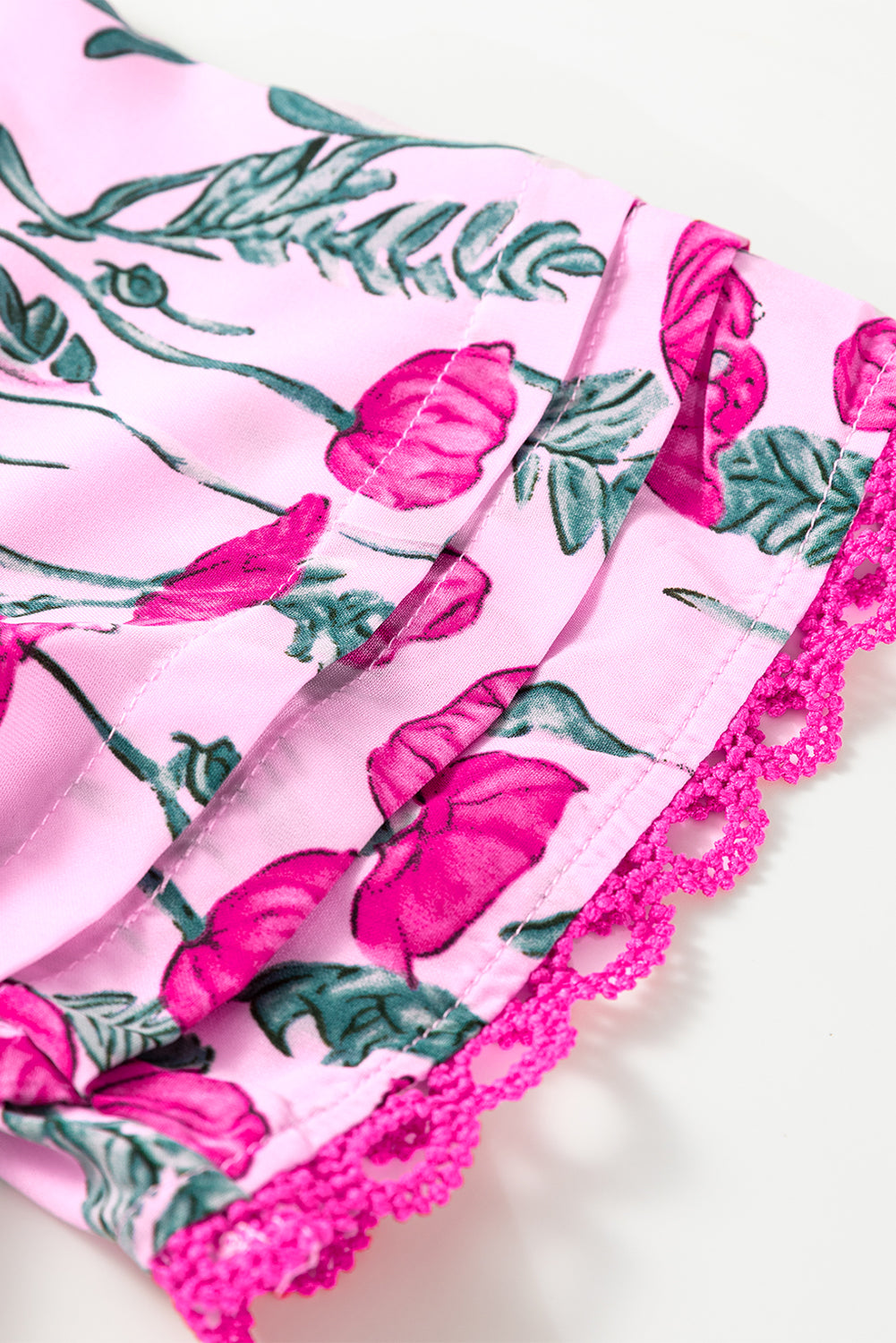 Pink Floral Print Lace Detail Frill V Neck Blouse