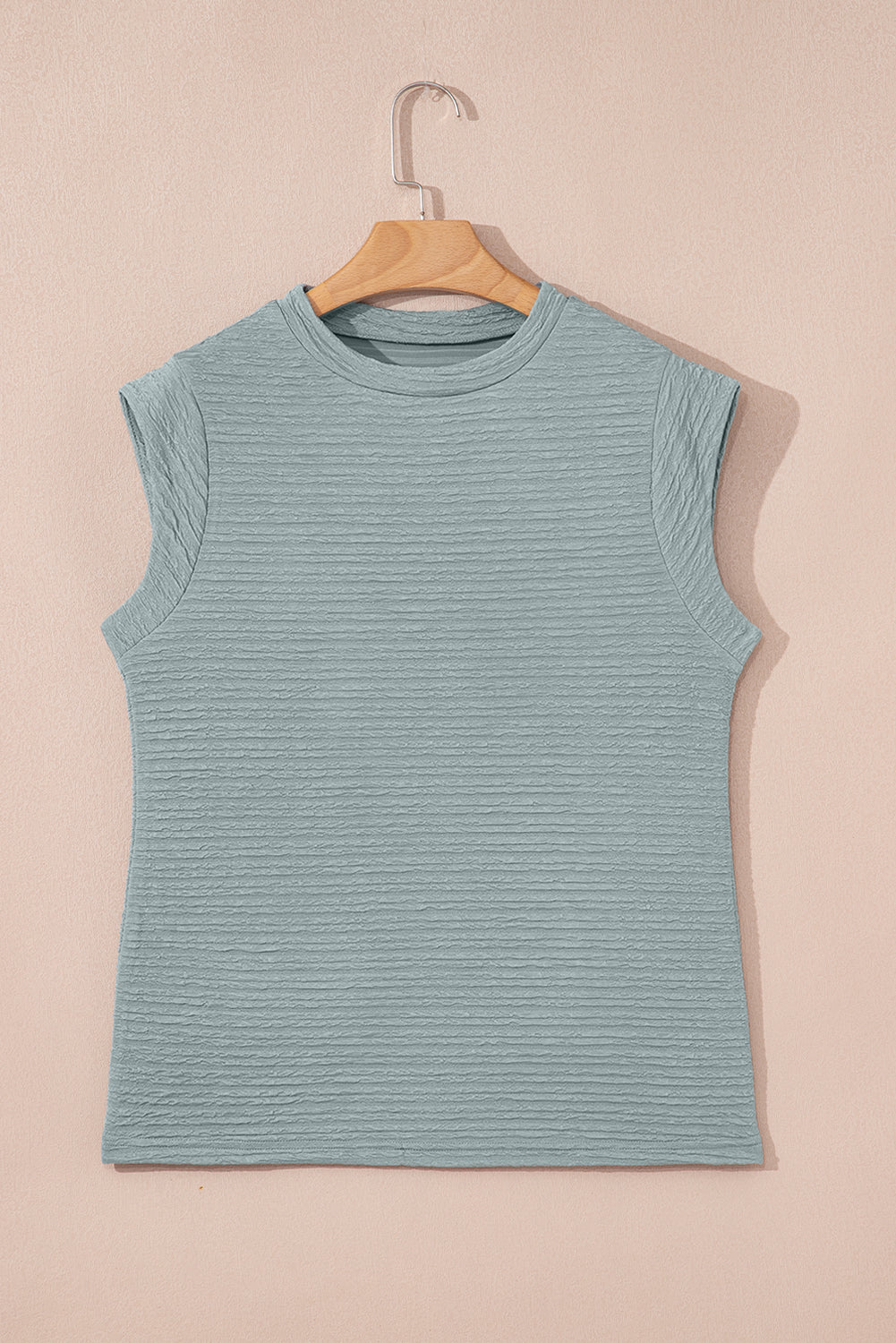 Beau Blue Casual Solid Color Textured Sleeveless Shirt
