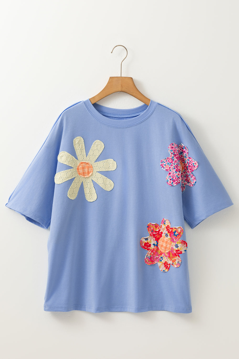 Sky Blue Flower Patched Exposed Stitching Trim Loose Tee