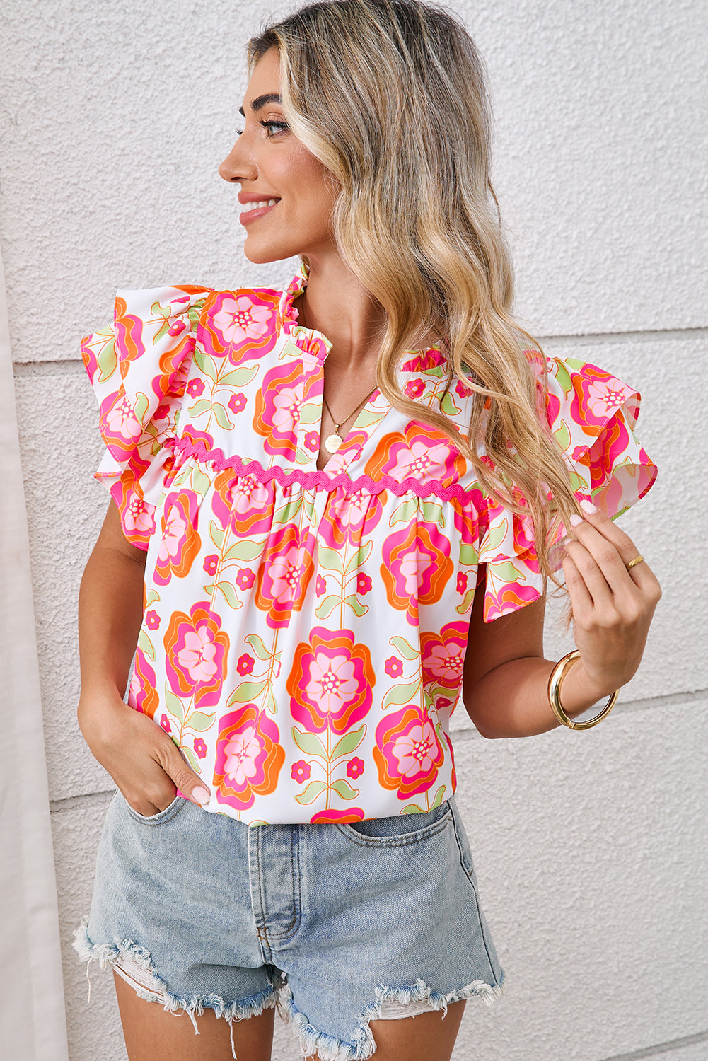 Rose Boho Floral Print Ricrac Ruffle Sleeve Blouse