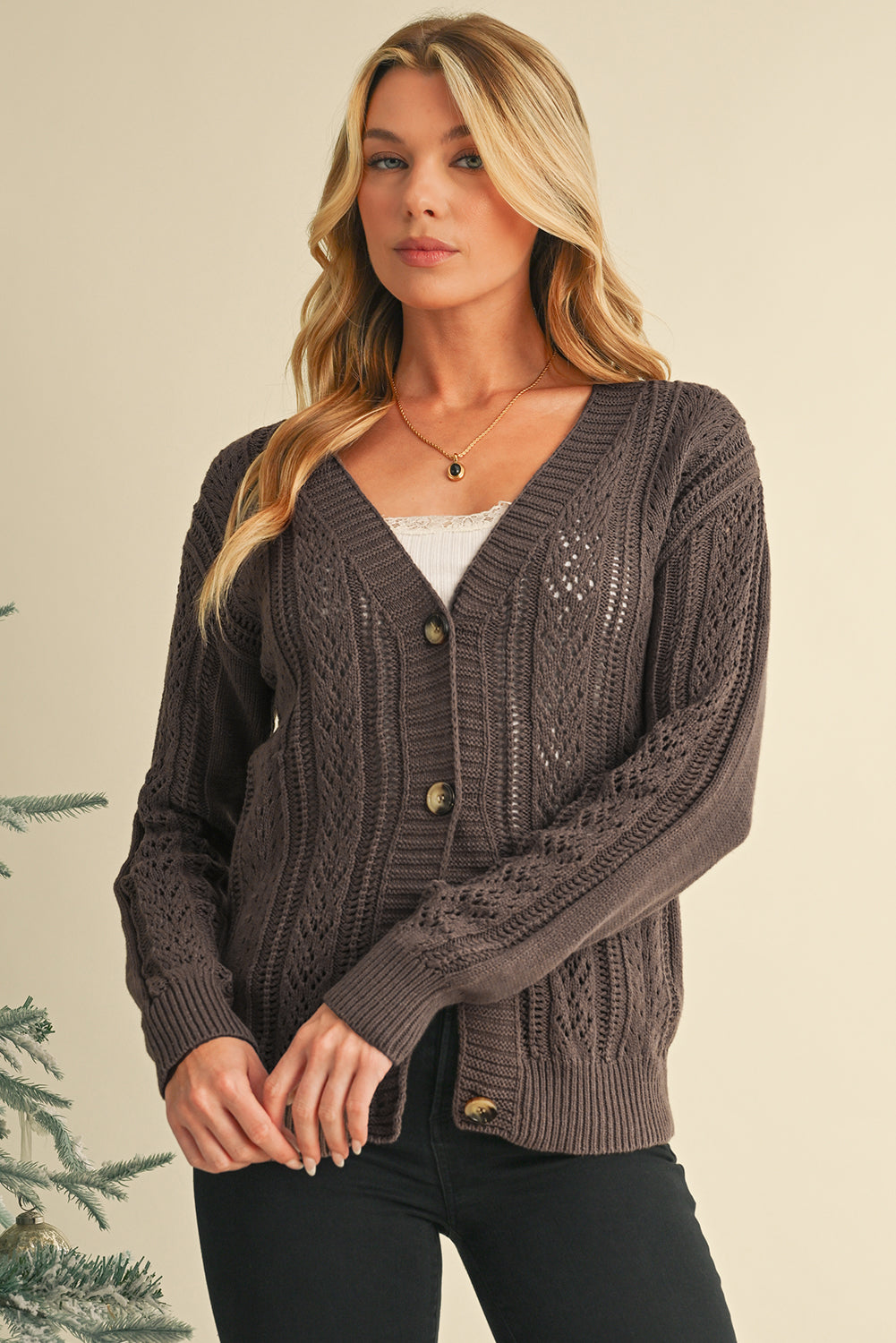 Dark Khaki Hollow Knit Drop Shoulder Cardigan