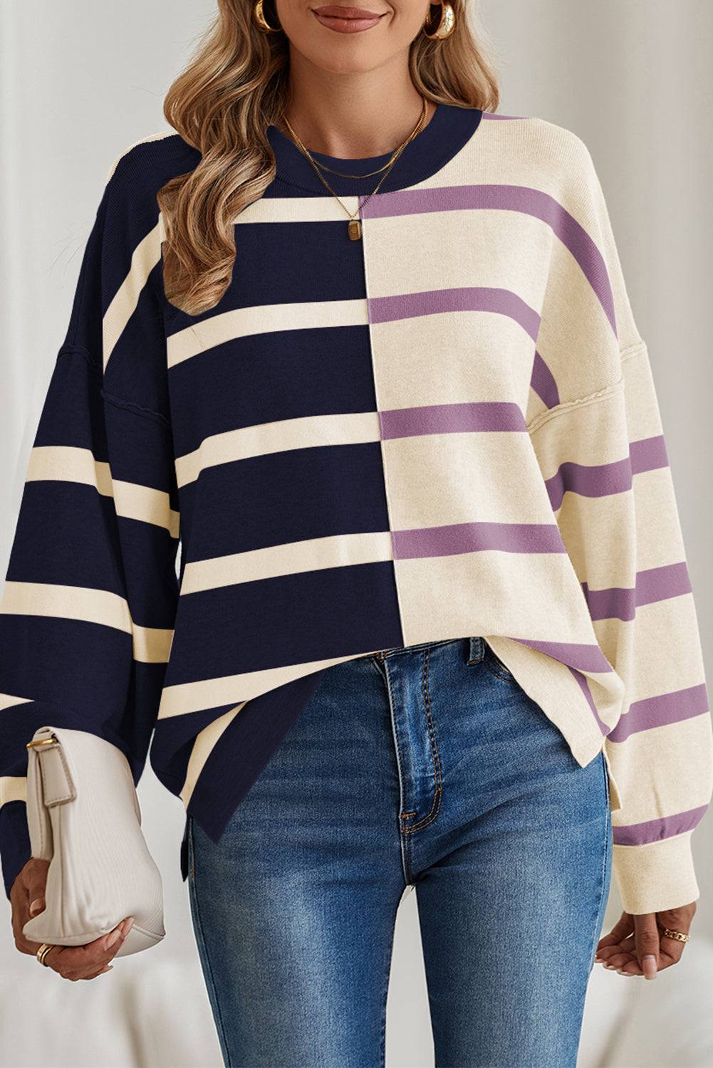 Blue Stripe Exposed Seam Patchwork Loose Sweater