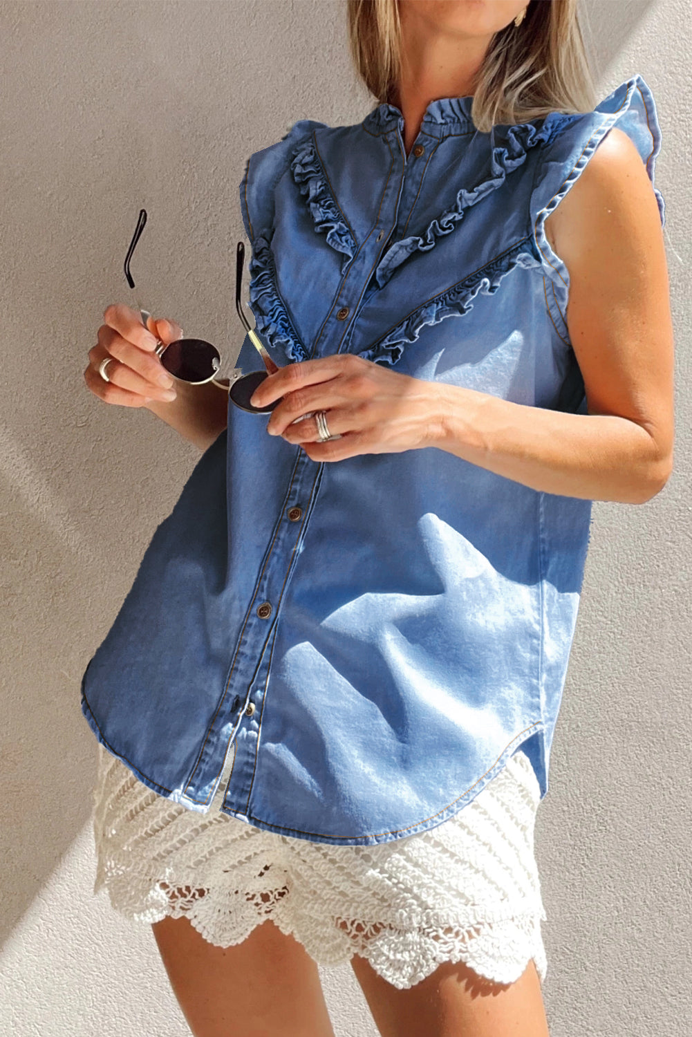 Sky Blue Mineral Wash Sleeveless Frill Button-Up Denim Shirt