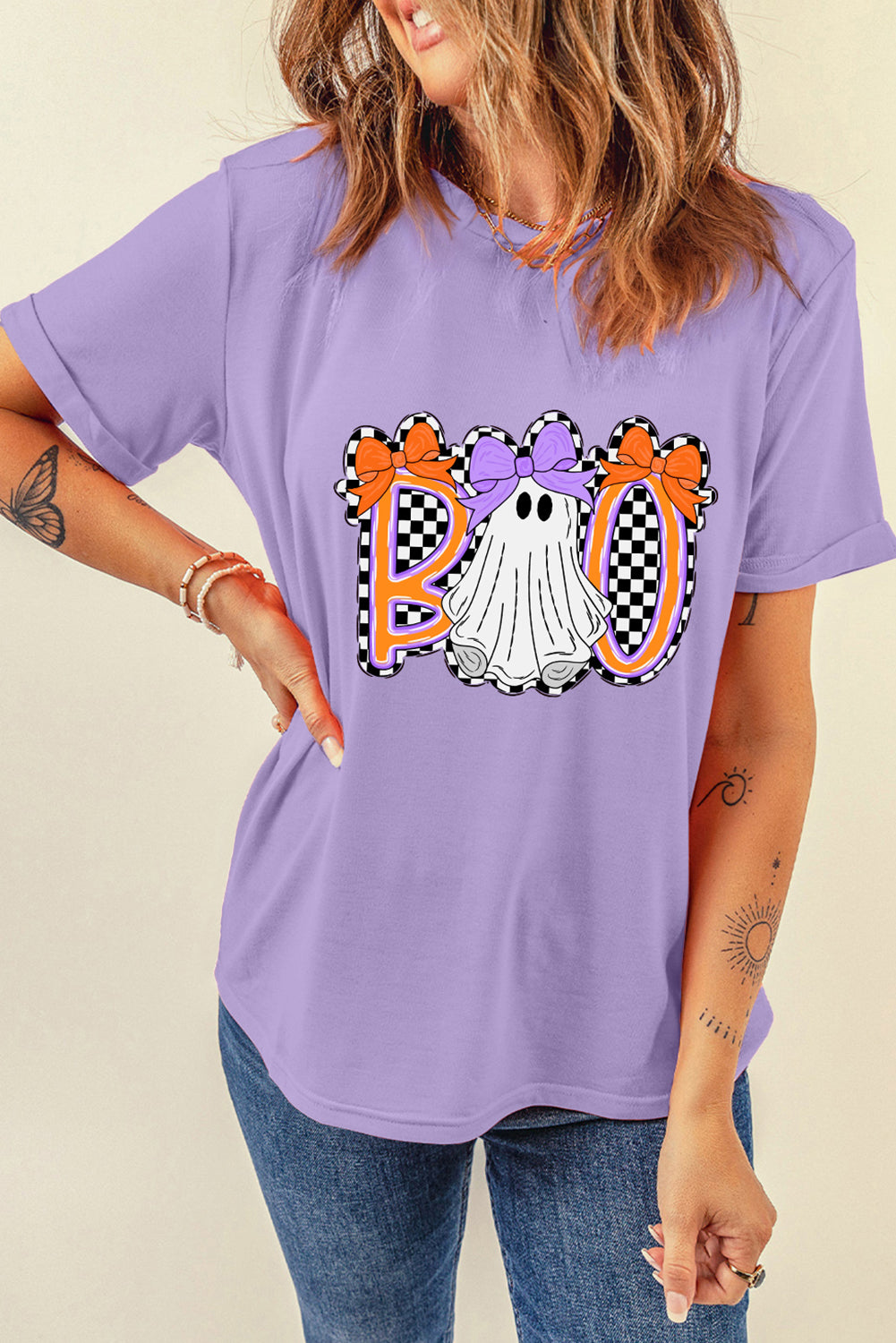 Wisteria Boo Checkered Ghost Crewneck Graphic Tee