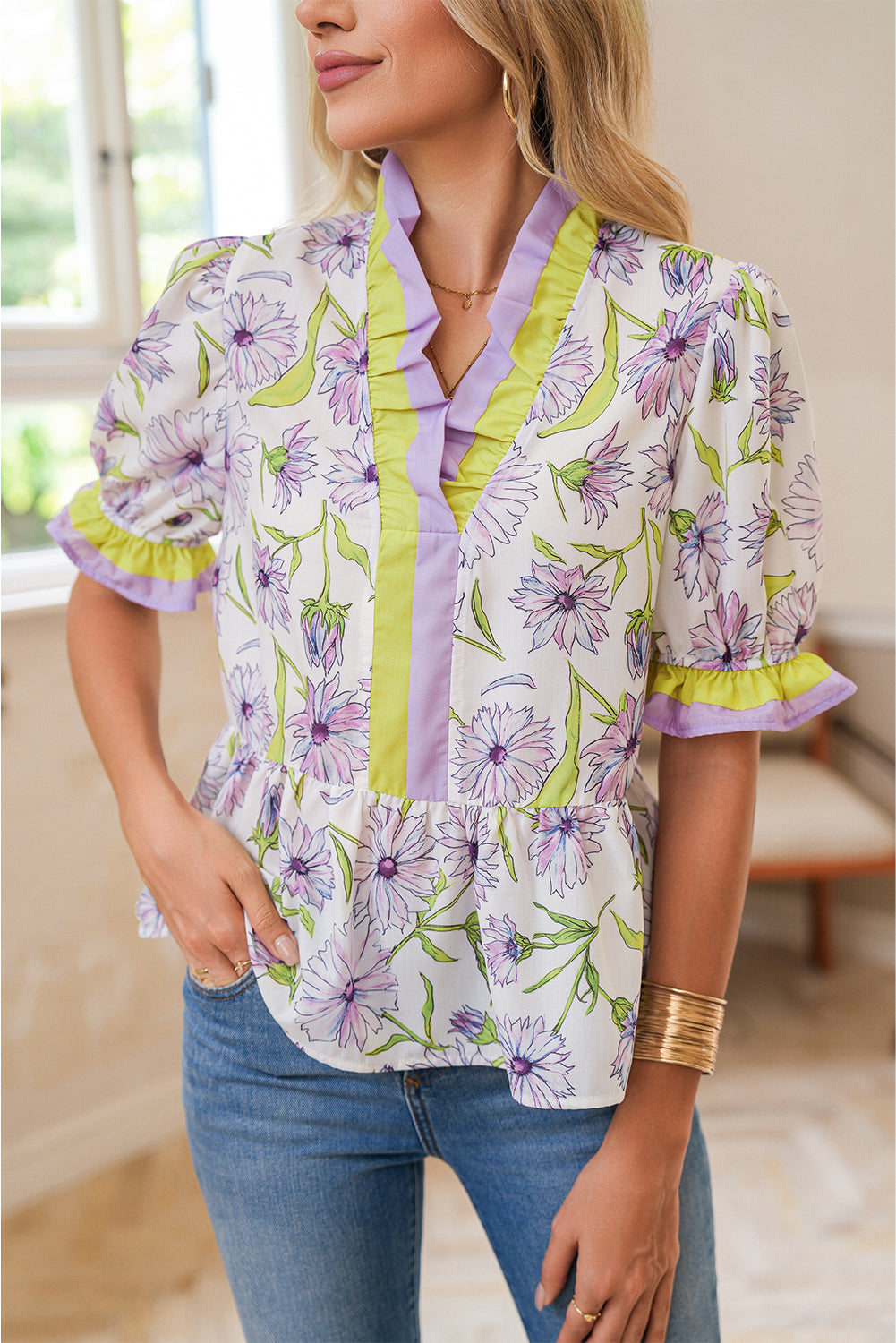 Purple Floral Print Ruffle Pop of Color Neckline Blouse