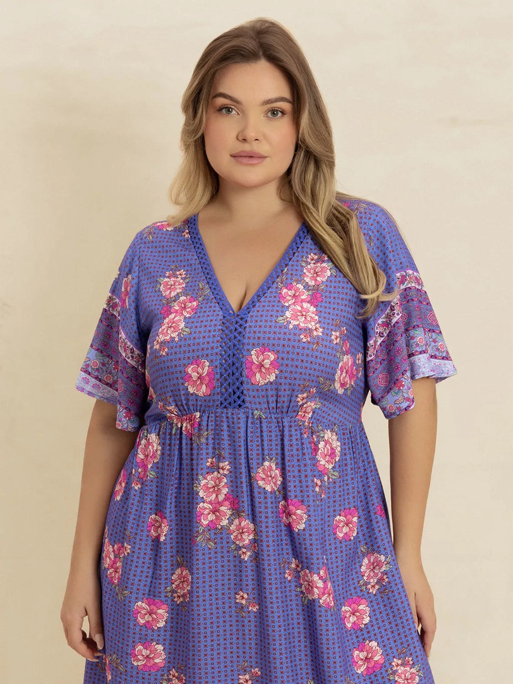 Plus Size Printed V-Neck Flutter Sleeve Dress