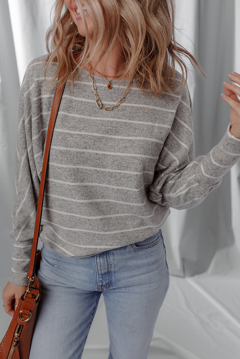 Gray Stripe Bishop Sleeve Drop Shoulder Top