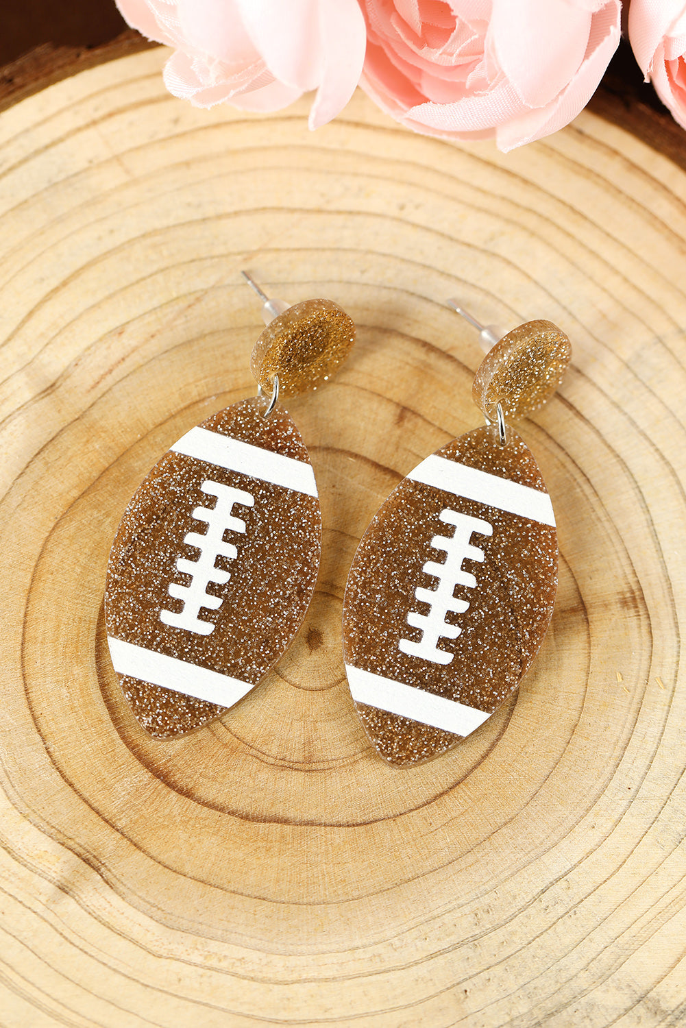 Brown Glittering Football Dangle Earrings