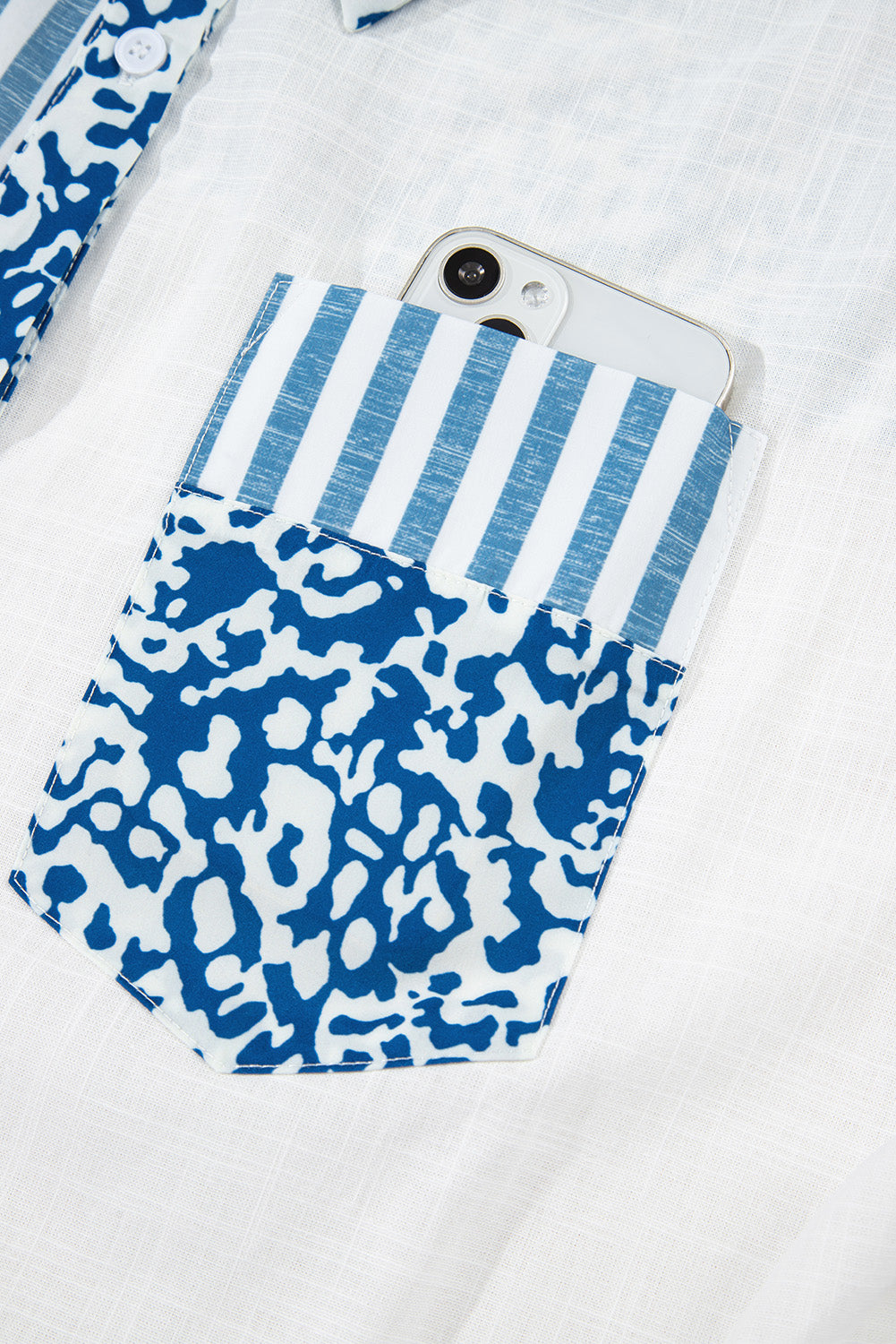 Sky Blue Leopard Striped Patchwork Button-up Shirt