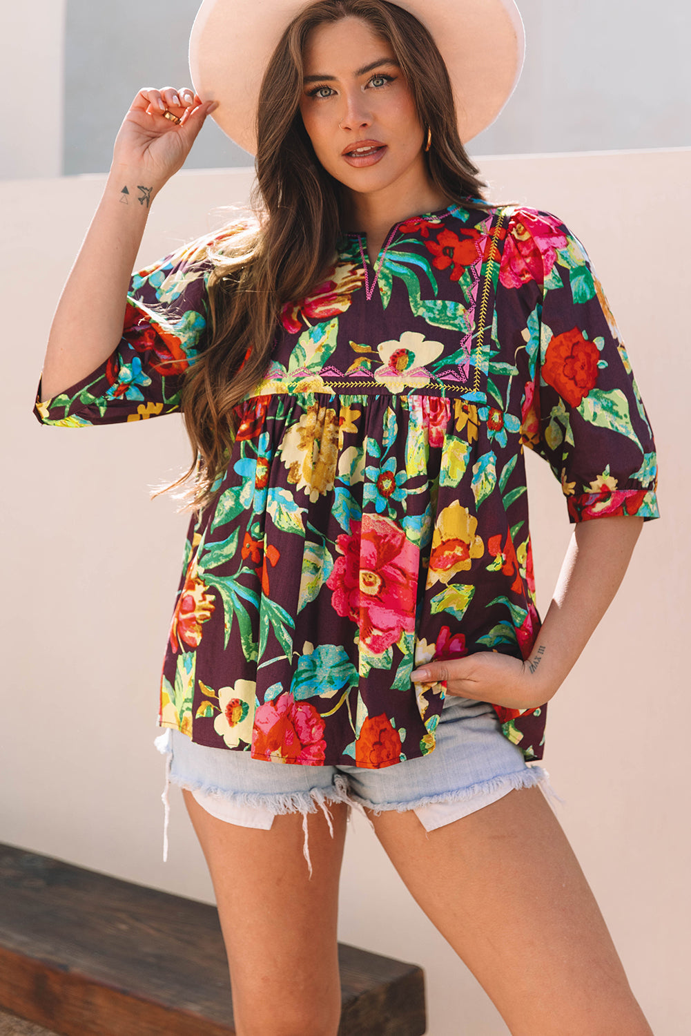 Adhara Flower Embroidered Trim Half Sleeve Blouse-0