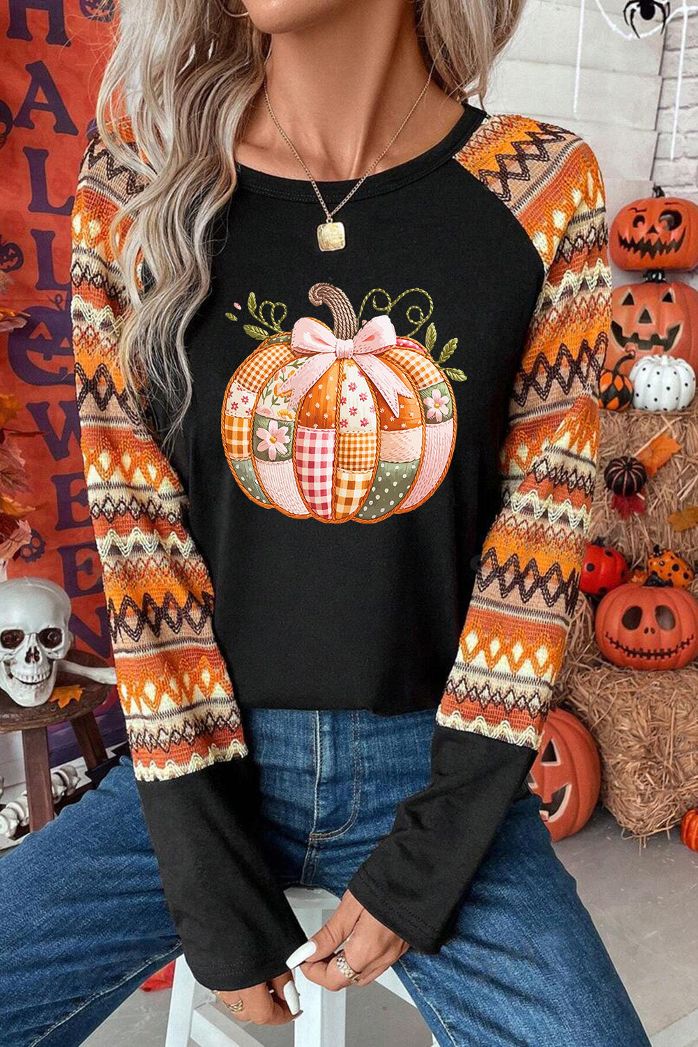 Orange Cute Pumpkin Graphic Geo Print Raglan Long Sleeve T Shirt