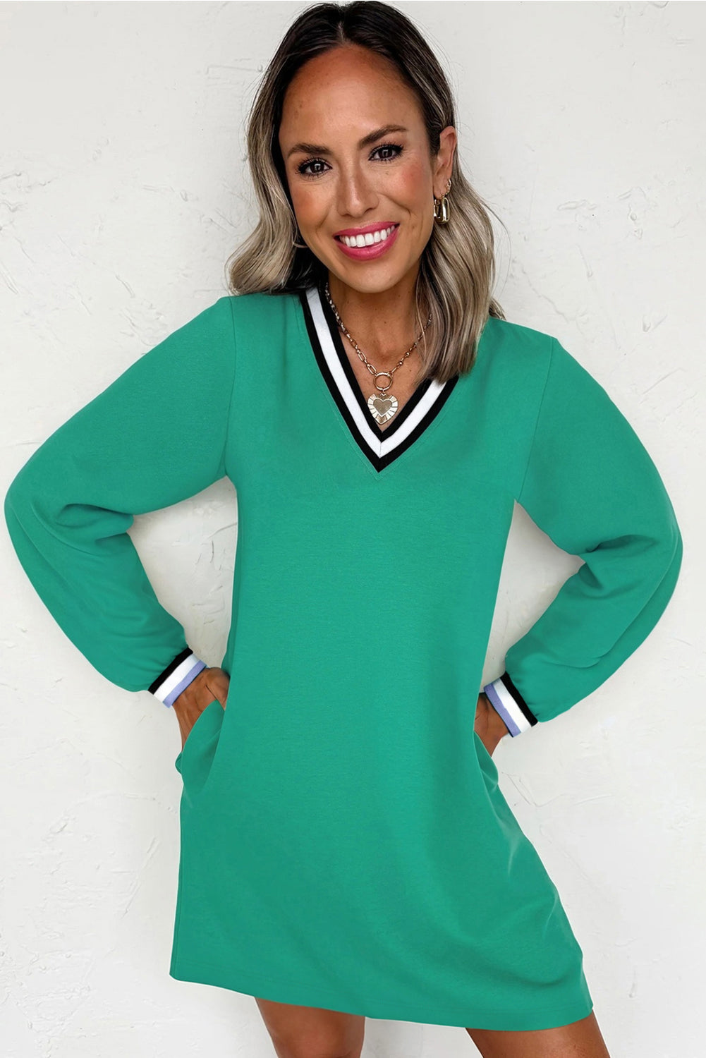 Mint Green Preppy Contrast Striped V Neck Long Sleeve T-shirt Dress
