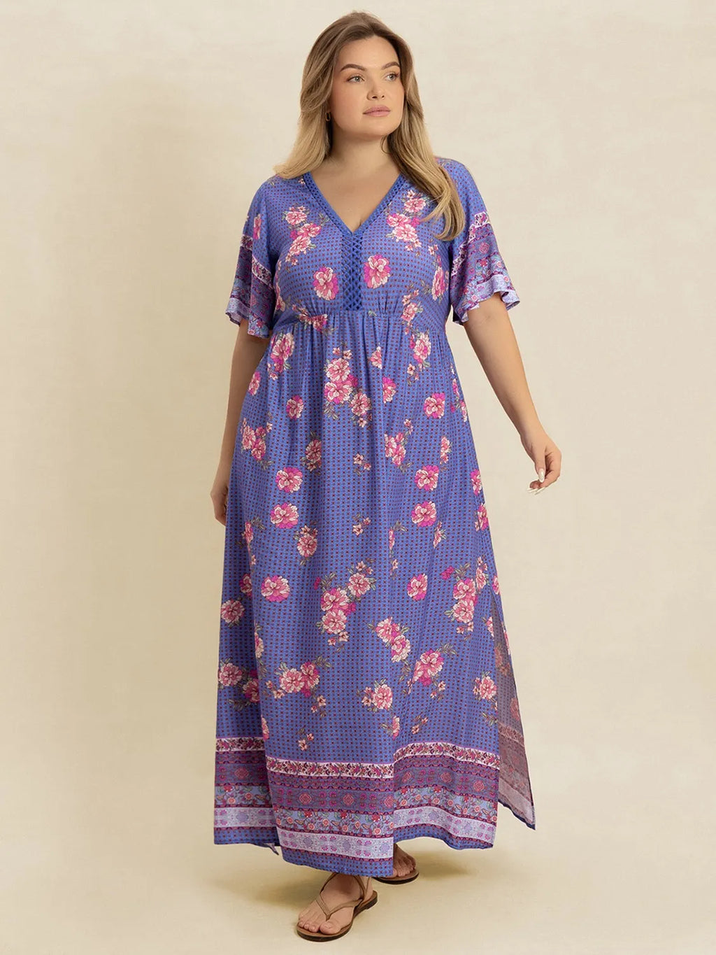 Plus Size Printed V-Neck Flutter Sleeve Dress