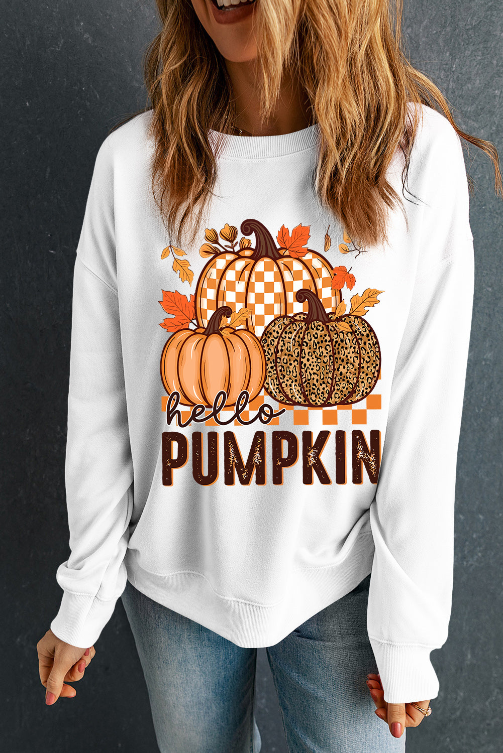 White Hello Pumpkin Thanksgiving Graphic Sweatshirt